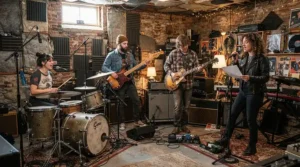 Playing through a valve combo amp for blues during an energetic band rehearsal in a basement