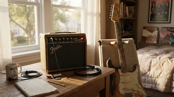 A compact valve vs solid-state amp sitting on a bedroom desk for quiet practice sessions.