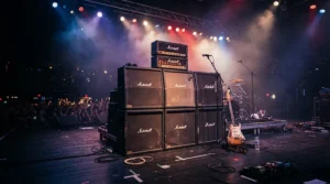 A towering stack featuring a valve vs solid-state amp roaring during a live band performance.