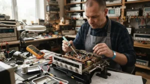 A technician repairing components inside a valve vs solid-state amp at a London repair shop.