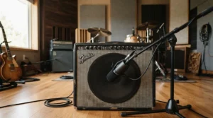 A vintage microphone placed in front of a valve vs solid-state amp in an acoustically treated recording studio.
