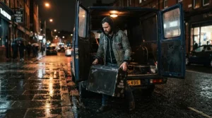 A roadie loading a durable valve vs solid-state amp into a van for a UK gig circuit tour.