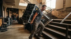 A musician struggling to lift a heavy valve vs solid-state amp up a flight of stairs.